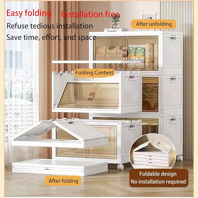 16 Gals stackable storage box with lid, foldable wardrobe organizer, Sundries storage cabinet, foldable plastic container with door, Book organizer box(Without wheels).