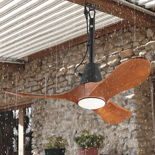 3 Blades Wood Outdoor Ceiling Fan with Light for Patios, Farmhouse Rustic Ceiling Fans with Lights, 34" Plug-in Wet Rated Outdoor Gazebo Fan for Exterior House Porch Patio, Waterproof,F247