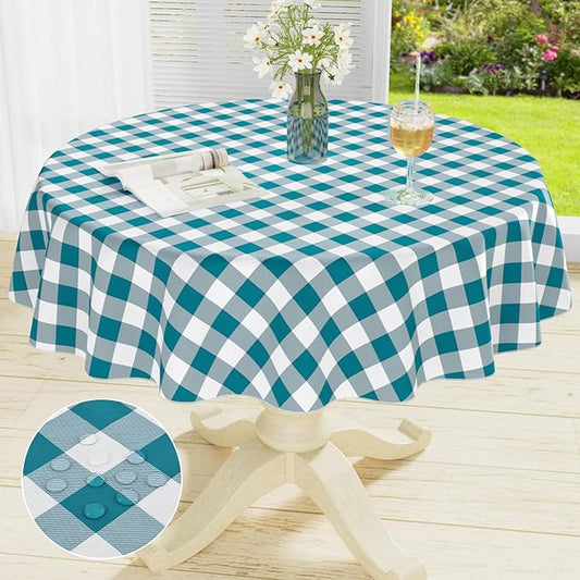misaya Round Waterproof Vinyl Table Cloth, Buffalo Flannel Backed Tablecloth, Wipeable Plastic Table Cover for Dinner, Kitchen, Picnic (60", Turquoise and White)
