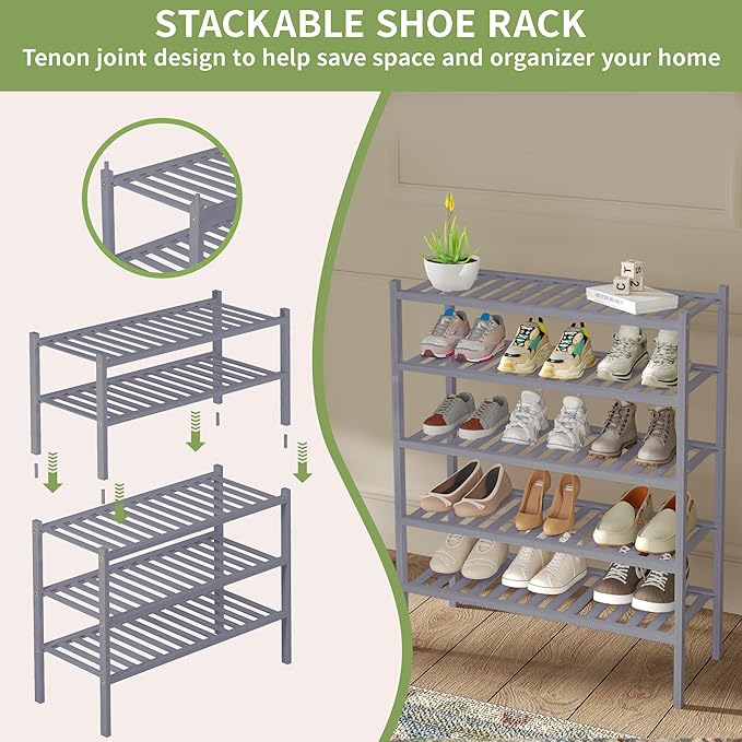 3 Tier Bamboo Shoe Rack for Closet Free Standing Wood Shoe Shelf Storage Organizer for Entryway Small Space Stackable 27"x11"x20" (Grey)