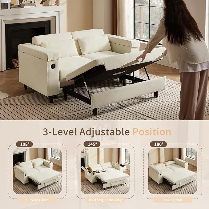 66" Multi-Functional Pull-Out Sofa Bed with Hidden Side Table, Storage Armrests, Built-in Charging Port, Spring Mattress, Solid Wood Frame – Ideal for Small Spaces, Easy Assembly