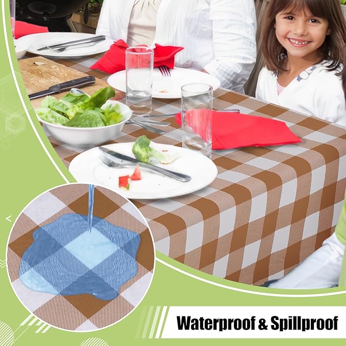Smiry Rectangle Table Cloth, Waterproof Vinyl Tablecloth with Flannel Backing, Wipeable Buffalo Plaid Table Cover for Dining, Indoor and Outdoor (Brown & White, 60"x102")