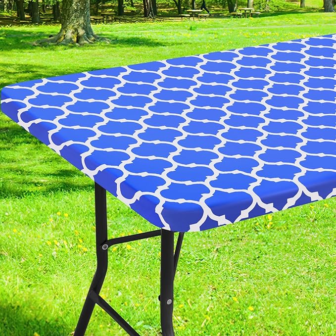 Smiry Rectangle Picnic Table Cover, Waterproof Elastic Fitted Camping Tablecloths for 8 Foot Tables, Wipeable Flannel Backed Vinyl Tablecloth Protector for Indoor, Outdoor (Blue, 36x96 Inches)