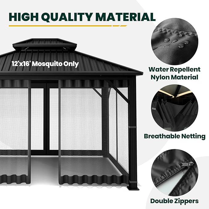 Gazebo Universal Replacement Mosquito Netting, 12' x 16' Outdoor Canopy Net Screen 4-Panel Sidewall Curtain, with Zippers, Easy to Install, Fit for Most Gazebo 12x16 Canopy, Black