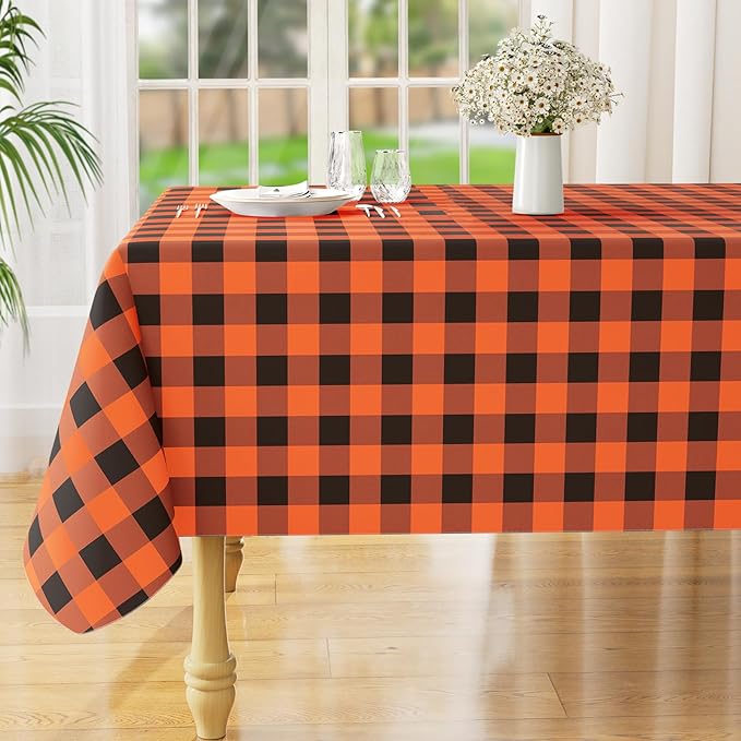 misaya Rectangle Waterproof Vinyl Table Cloth, Buffalo Flannel Backed Tablecloth, Wipeable Plastic Table Cover for Dinner, Kitchen, Picnic (60" x 102", Orange and Black)