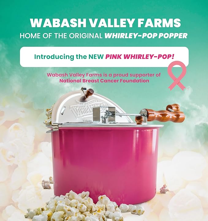 Original Whirley Pop Popcorn Maker - Wabash Valley Farms Pink Popcorn Popper with Nylon Gears, Movie Night at Home, 3-Minute Stove Top Popper with 6-Quart Capacity