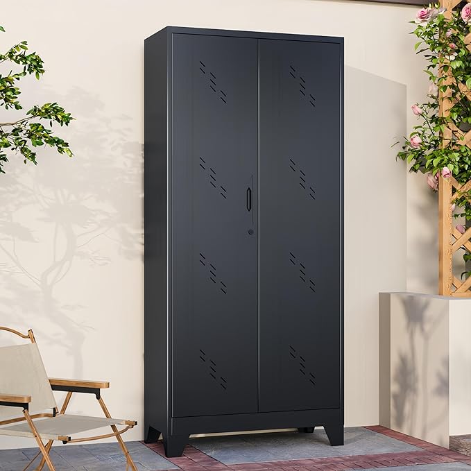 75" Heavy-Duty Metal Storage Cabinet with Lock - Wide & Deep Steel Tool Locker for Garage, Basement, Home Office - Outdoor/Indoor Pantry Organizer Cabinet