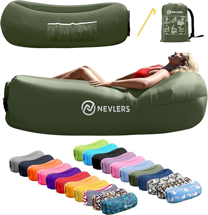Nevlers Inflatable Lounger | 210T Polyester Inflatable Chair | No-Pump Blow Up Couch | Camping Couch Air Sofa Bed w/ 450 lbs. Cap., Pockets & Matching Bag | Use as Inflatable Couch for Adults & Kids