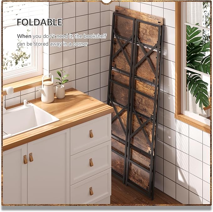 4NM 5 Tiers No Assembly Book Shelves, 51.2" H Folding Bookshelf Bookcase Open Industrial Foldable Shelves for Bedroom, Living Room, Home Office - Rustic Brown Black