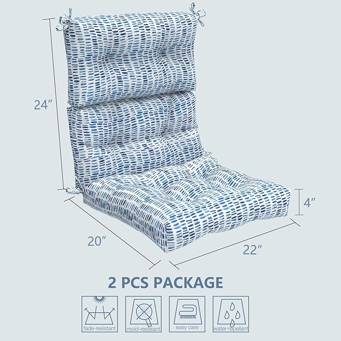 LVTXIII Outdoor High Back Chair Cushions, Seasonal Replacement Adirondack Chair Cushion with Ties, Patio Waterproof Seat Cushions for Home Garden Use (22” W x 20” D, Set of 2, Pebble Blue)