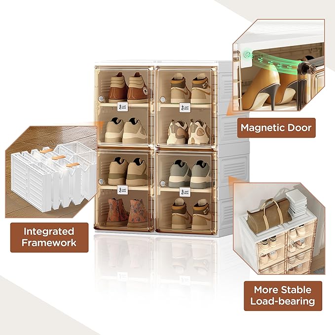 ANTBOX Shoe Organizer Storage Box, Portable Folding Shoe Rack For Closet With Magnetic Clear Door,Large Sneaker Cabinet Bins All-in-one Sturdy Easy Assembly 4 Layers-8 Grids