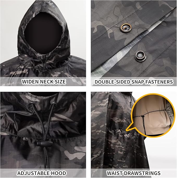 GRVCN Military Rain Poncho, Camouflage Raincoat Outdoor Waterproof Lightweight