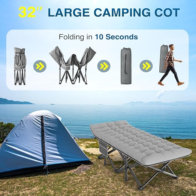 ZENPETIO Camping Cots for Adults, Portable Folding Sleeping Cot with Carry Bag, 1200D Double Layer Oxford Ultra Soft Cot Bed with Mattress, Tent Cot for Travel Office Hospital, Support 500lbs, Gray