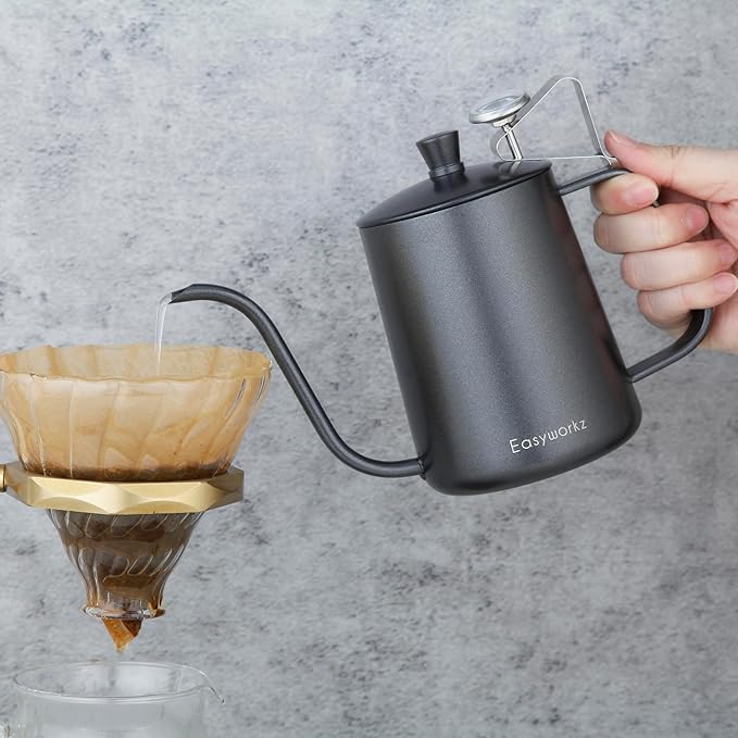 Easyworkz Gage Gooseneck Pour Over Coffee Kettle 20 oz with Thermometer Stainless Steel Hand Drip Coffee Pot With Long Narrow Spout