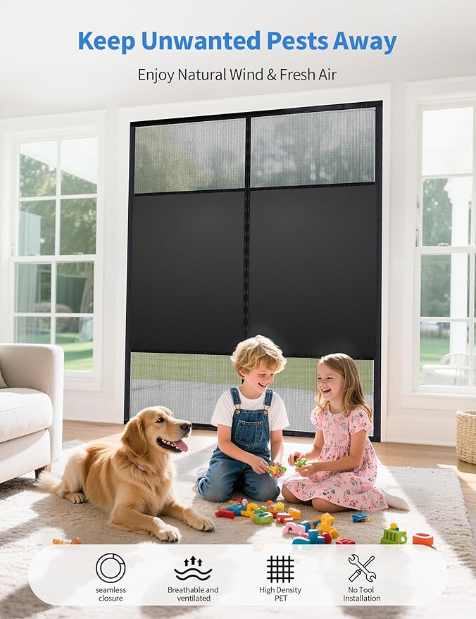 Magnetic Screen Door with Privacy Protection, Upgraded PET Mesh Screen for Hands Free Entrance & Keep Out Bugs, Fit for 72"x80" Sliding Door,Large Patio Door and French Door