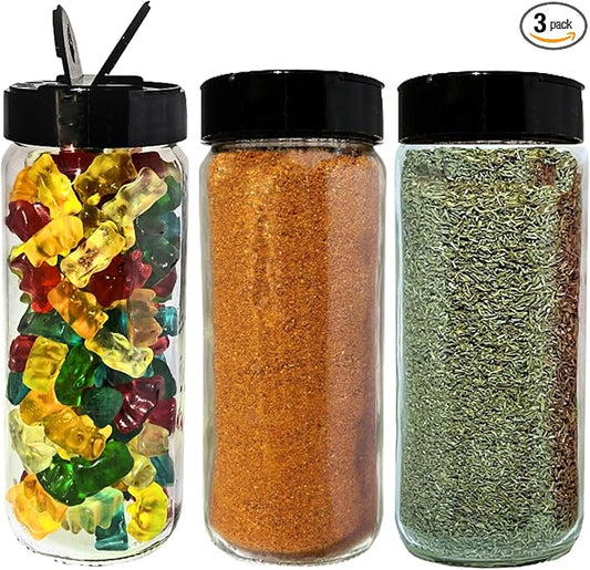 JARMING COLLECTIONS 16oz Glass Spice Shakers with Lids – Set of 3 Large Seasoning Containers with Shaker Tops for Kitchen, Pantry & Herb Storage (3 pack)
