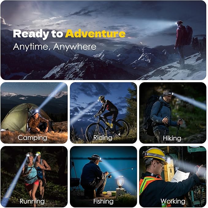 Rechargeable Headlamp, High Lumen 5 LED Head Lamp with Red White Light,IPX4 Waterproof Headlight,8 Mode Head Flashlight for Outdoor Running Hunting Fishing Hiking Camping Gear-2Pack