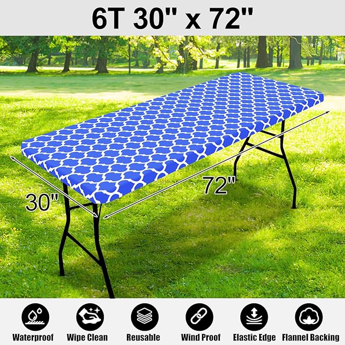Smiry Rectangle Picnic Table Cover, Waterproof Elastic Fitted Camping Tablecloths for 6 Foot Tables, Wipeable Flannel Backed Vinyl Tablecloth Protector for Indoor, Outdoor (Blue, 30x72 Inches)