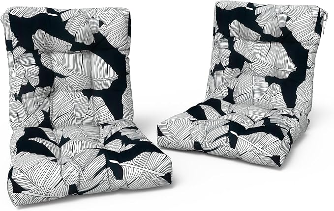 LVTXIII Outdoor Tufted Seat Cushions, Solid Seat and Back Chair Cushion with Ties, Patio Replacement Rocking Chair Cushion for Outdoor Furniture Use, 21 W x 21D, 2 Pack, Black Lush Leaf Jungle