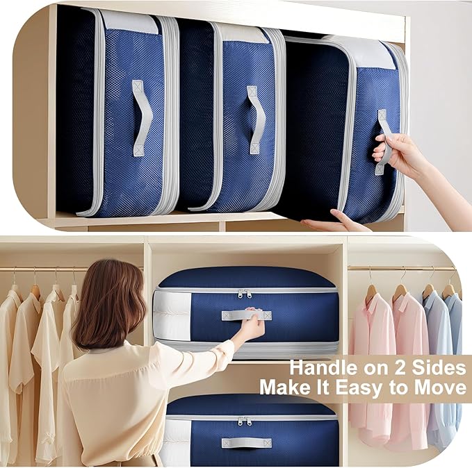 Comforter Storage Bag - Large Capacity Blanket Storage Bags 4-Layer Ultra Space Saving Self Compression Organizer, Washable Compression Bags for Storage Comforter Blanket, 2-Pack, Navy Blue