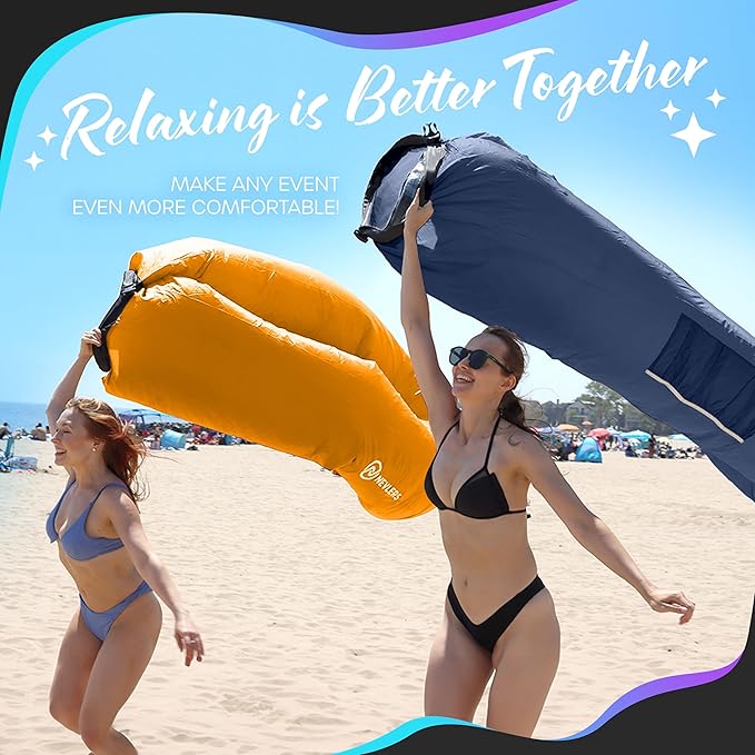 Nevlers 2 Pack Inflatable Loungers Air Sofa Couch | Perfect for Beach Chair Camping Chairs or Portable Hammock |Travel Bag Pouch, Pegs & 3 Pockets| Movie Seating & Camping Accessories Blow Up Lounger