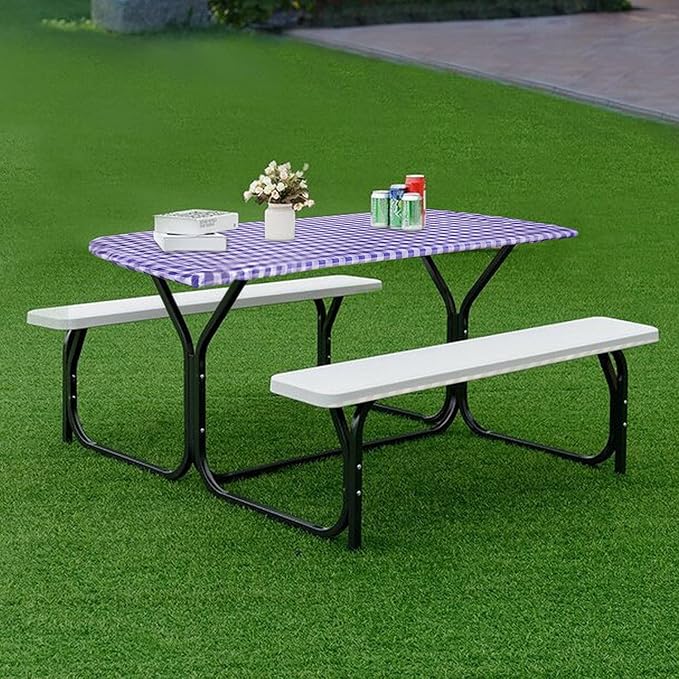 Fitable Checkered Picnic Table Cover Waterproof Vinyl Fitted Table Cover Flannel Backing Outdoor Indoor Tablecloth 30"x96" for Picnic, Travel, Holiday, Party, Folding Table, Navy