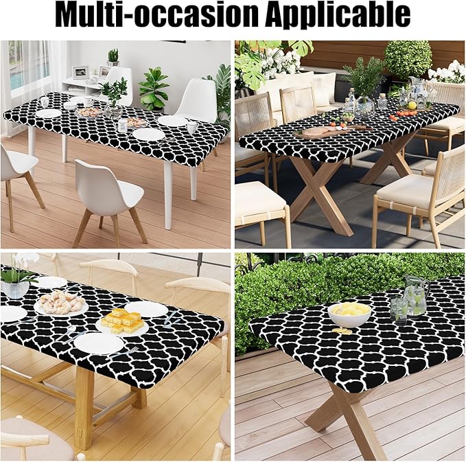 Smiry Rectangle Picnic Table Cover, Waterproof Elastic Fitted Camping Tablecloths for 8 Foot Tables, Wipeable Flannel Backed Vinyl Tablecloth Protector for Indoor, Outdoor (Black, 36x96 Inches)