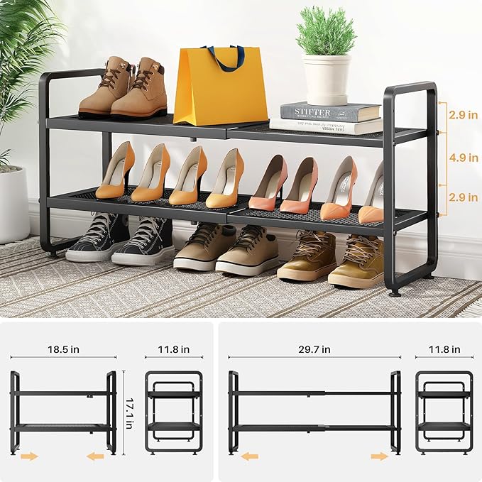 Shoe Rack - Expandable Shoe Organizer for Closet, Adjustable Metal Shoe Shelf Storage, 2 Tier Stackable Long Shoe Stand Holder for Garage, Entryway, Door Entrance, Black