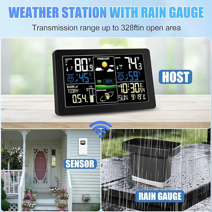Digital Rain Gauge and Weather Station, Wireless Rain Gauge Outdoor, Home Weather Stations Wireless Indoor Outdoor with Thermometer, Barometer, Hygrometer, Atomic Clock, Weather Forecast and Alerts