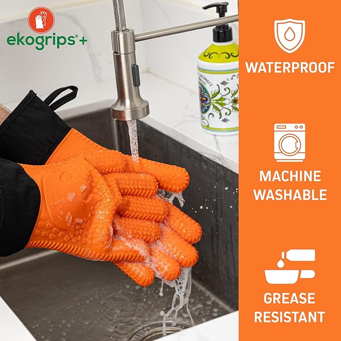 Ekogrips+ Premium Silicone Oven Mitts - Comfy, Waterproof, Heat Resistant BBQ Gloves for Grilling, Long Cuff for Added Protection, 5 Finger Dexterity, 3 Sizes, 4 Colors, L/XL, Black