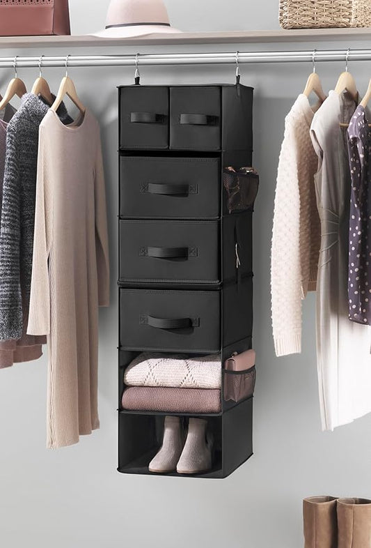 Whitmor Multi-Functional Hanging Organizer with Drawer Inserts- 5 Section - Closet Organizer - Black