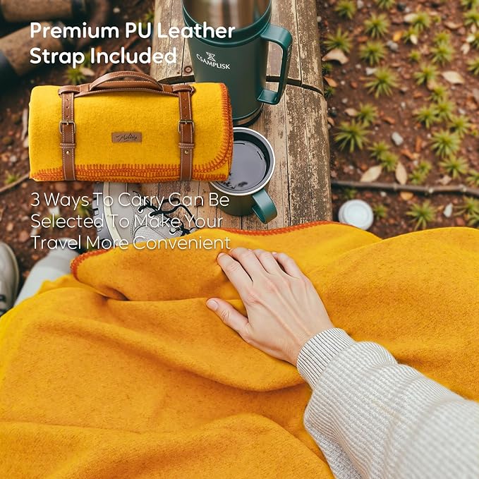 100% Wool Blanket, 62" x 86", Warm, Thick, Washable, Military Wool Blanket, Great for Camping, Outdoors, Sporting Events, Survival Kits, Yellow