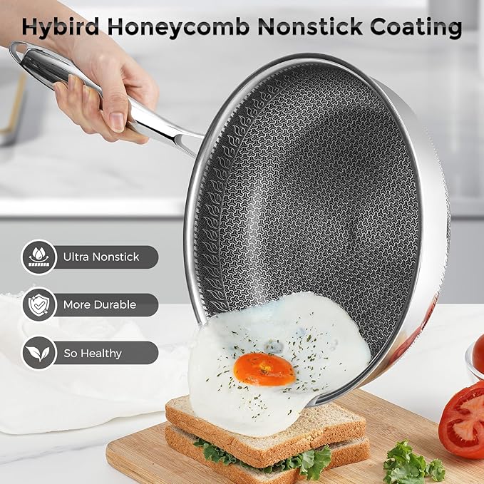 12 inches Frying Pan Nonstick Deep Sauté Pan and Lid, Non Stick Stainless Steel Pan Dishwasher and Oven-Safe, Compatible with All Cooktops