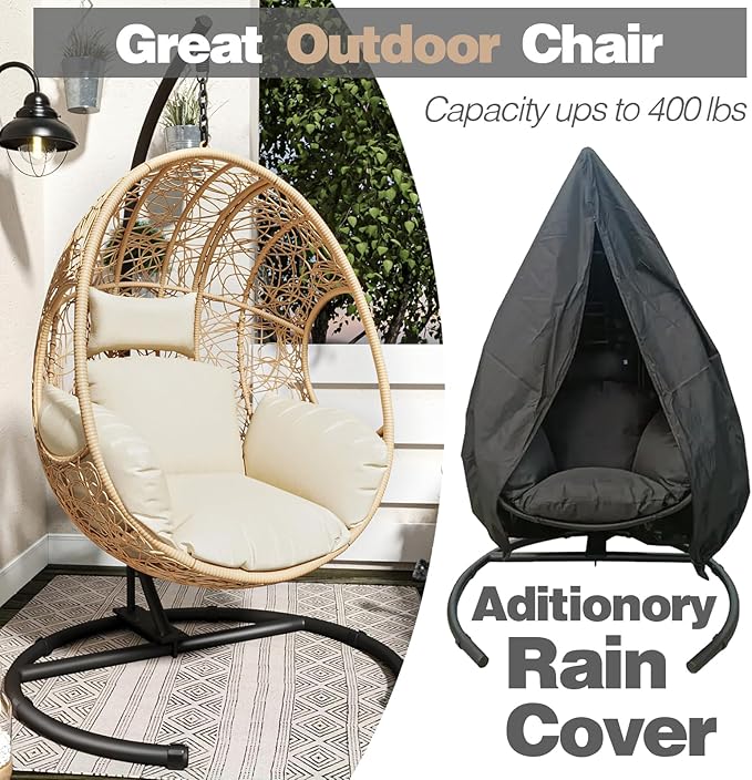 Oversized Hanging Egg Chair Outdoor Wicker Swing Chair with Stand Rain Cover UV Resistant Cushion 400lbs Capacity for Patio, Garden and Balcony