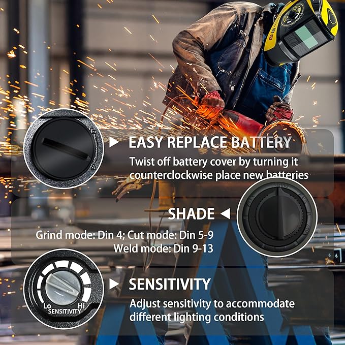 Auto Darkening Welding Helmet with Large Viewing Screen, Solar Powered, Adjustable Shade Range 9-13, Lightweight Welding Mask for TIG MIG ARC Plasma Cutting