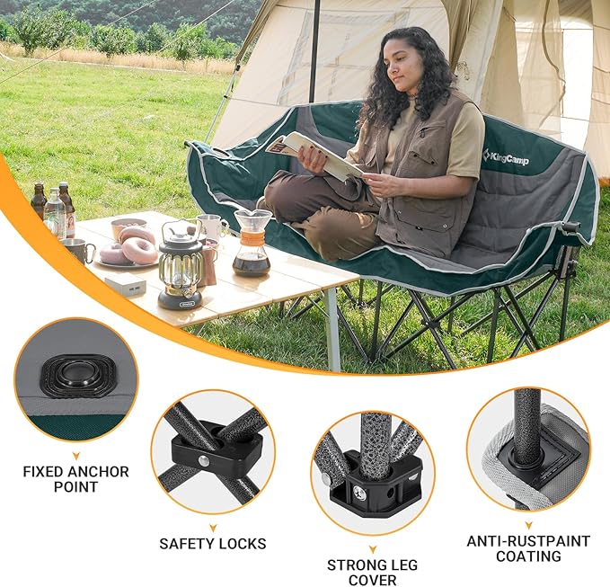 KingCamp Double Camping Chair, Oversized Heavy Duty Loveseat for Adults Portable Folding XL 2 Person Couch Padded Comfortable Two Seat with Cup Holder for Outdoor Lawn Backyard
