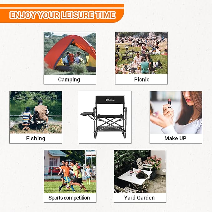 KingCamp Premium Extra Heavy Duty Wide Camping Directors Chairs Supports 300lbs for Adults, Padded Folding Portable Camping Chair with Side Table Storage Pockets Carry Straps, Black