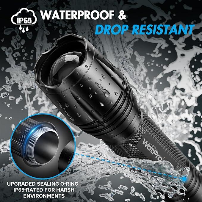 WdtPro LED Flashlight High Lumens SR2000 Pro, 2 Pack Brighter Tactical Flashlights with 5 Modes & Zoomable, Powerful Mini Flash Light for Emergency, Camping, Hiking (Black)