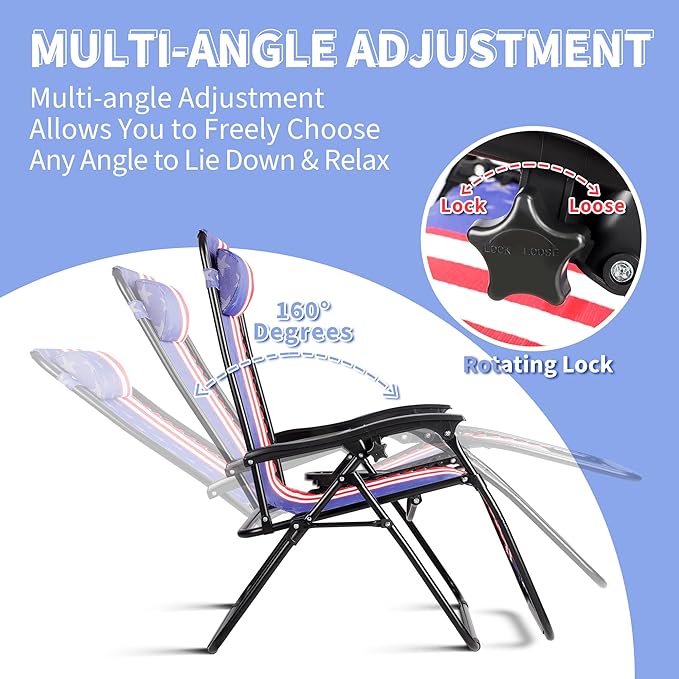 Northroad Set of 2 Zero Gravity Lounge Chairs Adjustable Steel Mesh Relaxing Recliners Outdoor Folding Patio Lawn Chair w/Pillows & Cup Holder Trays - American Flag