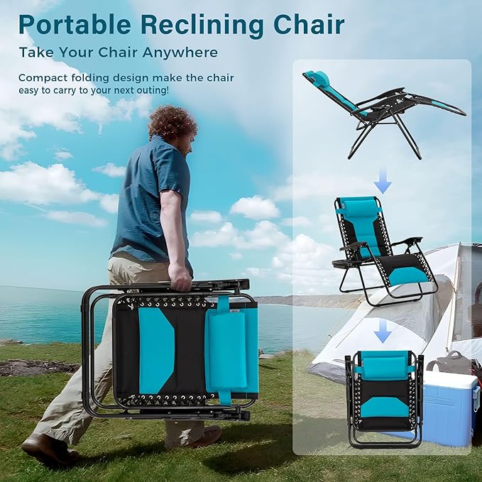 MFSTUDIO Padded Zero Gravity Chair Set of 2, Folding Patio Lounge Recliner with Adjustable Pillows & Cup Holder for Poolside Backyard, Support 400lbs(Pacific Blue)
