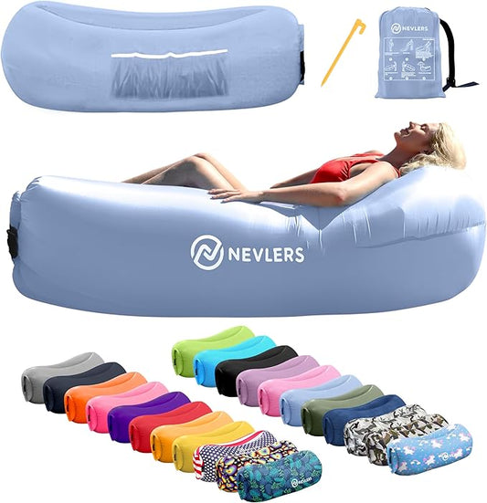 Nevlers Inflatable Lounger | 210T Polyester Inflatable Chair | No-Pump Blow Up Couch | Camping Couch Air Sofa Bed w/ 450 lbs. Cap., Pockets & Matching Bag | Use as Inflatable Couch for Adults & Kids
