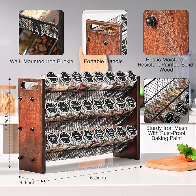 Spice Rack Organizer for Cabinet, Spice Organizer with 24 Empty Spice Jars, 180 Spice Labels, Wooden Spice Jar Organizer, Seasoning Organizer for Cabinet Kitchen, Pantry, Countertop or Wall Mount