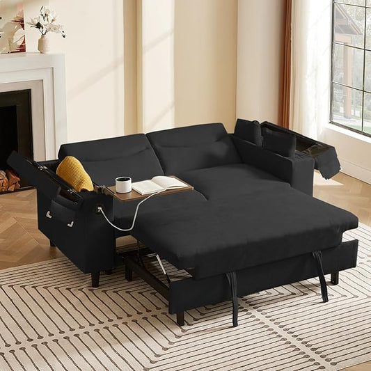 66" Pullout Couch Sleeper Sofa with Hidden Side Table, Storage Armrests & USB Charging – Convertible Sofa Bed with Spring Mattress & Wood Frame, Great for Small Spaces (ZY-2027-Black)