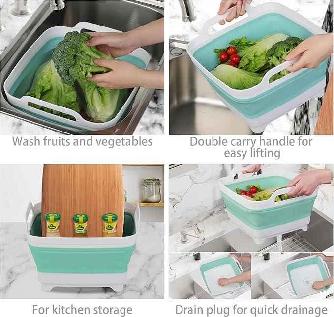 Dishpan for Washing Dishes, 2.4Gal/9L Wash Basin with Draining Plug Carry Handles, Collapsible Bucket for Cleaning, Portable Sink, Foldable Plastic Tub
