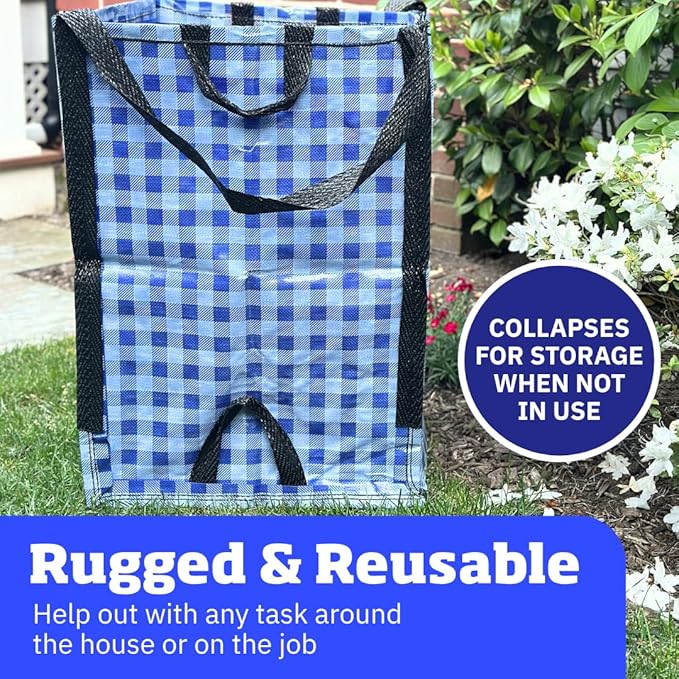 DURASACK Heavy Duty Home and Yard Bags 48-Gallon Reusable Self-Standing Lawn and Leaf Bags Garbage Can with Reinforced Handles, Gingham Blue, 3 Pack