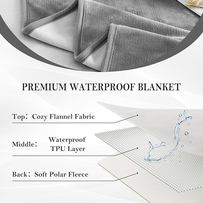 SOCHOW Waterproof Blanket for Bed Sofa Couch, Water Resistant Blanket Washable 60"x80", Reversible Leakproof Bed Cover for Adults Elderly Pets, Grey & Light Grey