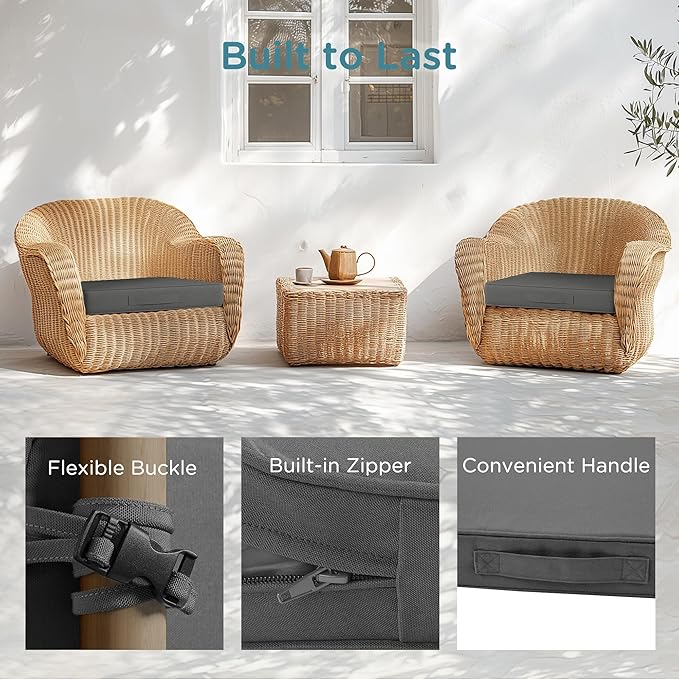 Codi Outdoor Seat Cushions for Patio Furniture 22x22 Inch, Waterproof Chair Cushion with Handles & Adjustable Straps, Fade Resistant - Set of 2, Grey