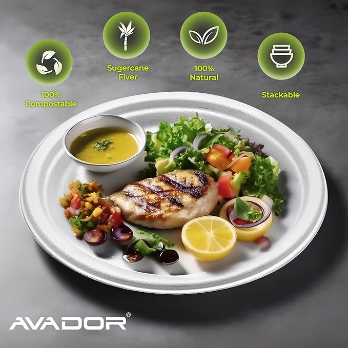 AVADOR® Compostable Tableware 100% Eco-Friendly & Biodegradable Dinnerware Eco-Conscious, Disposable, and 100% Biodegradable (9 inch Round Plates Pack of 125)