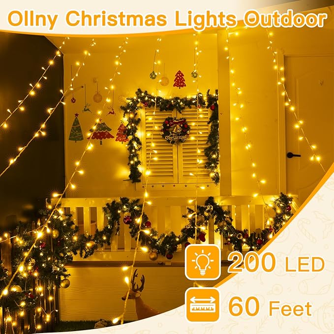 Ollny Christmas Lights Outdoor 200LED 60FT, Warm White Connectable Plug in Fairy Light Indoor, 8 Modes Waterproof Timer Plug in LED String Lights for House Outside Bedroom Patio Balcony