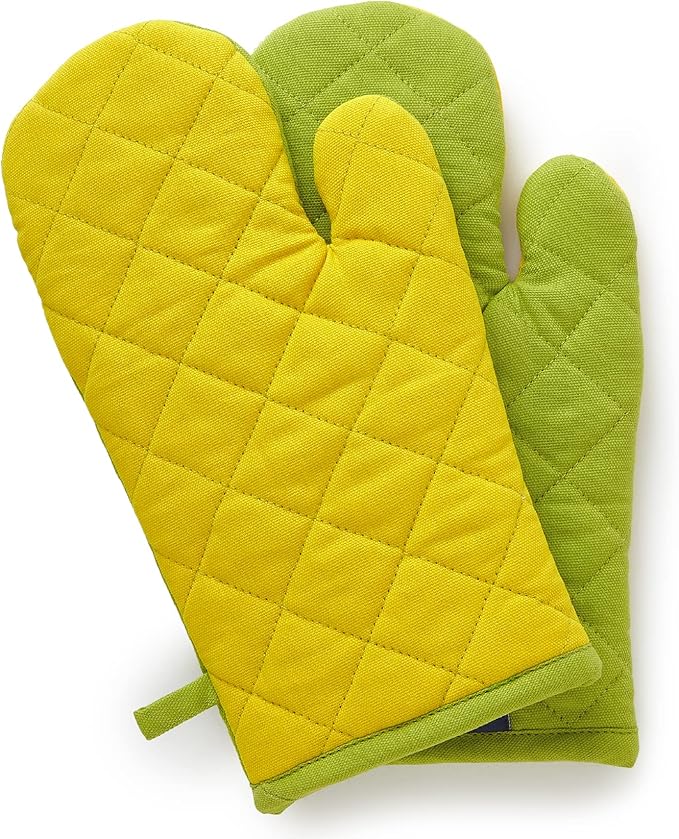 Encasa XO Heat Resistant Cotton Oven Gloves Mitts (2 Pc Set) - Quilted & Safe 12x7 in - for Kitchen, Cooking & Baking, Grilling, Handling Hot Pots & Pans - Lime Green
